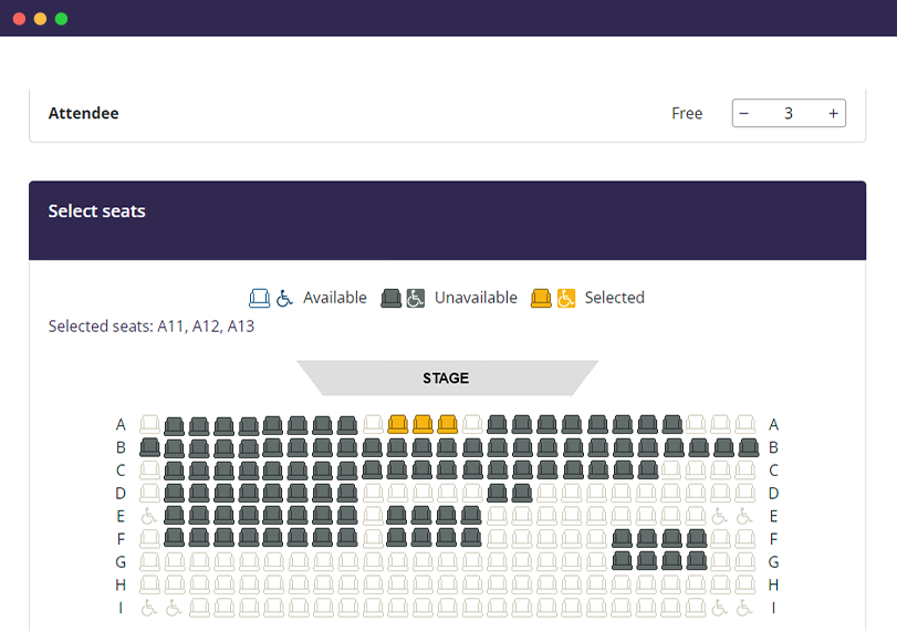 Screenshot of Reserved Seating Map in Event Ticketing Platform